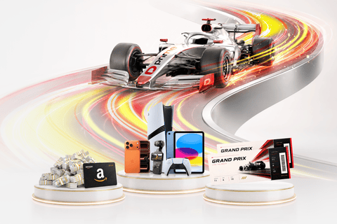 Race to Rewards campaign visual featuring a Formula-style car, Grand Prix ticket, trophy, and premium reward elements.