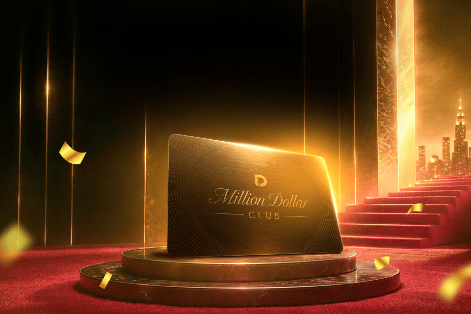 Visual do Million Dollar Club da D Prime, programa de fidelidade para IBs com recompensas e benefícios exclusivos