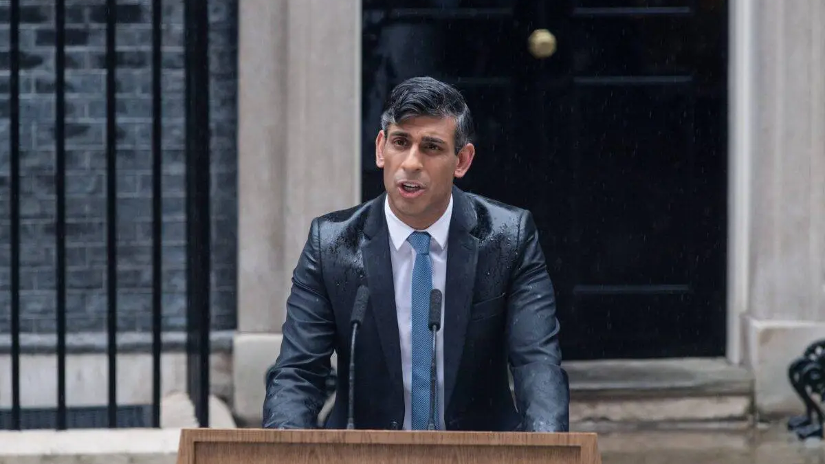 U.K. Prime Minister Rishi Sunak announces a general election for July 4 during a speech outside Number 10 Downing Street on Wednesday. 

Image Source: Middle East Monitor 