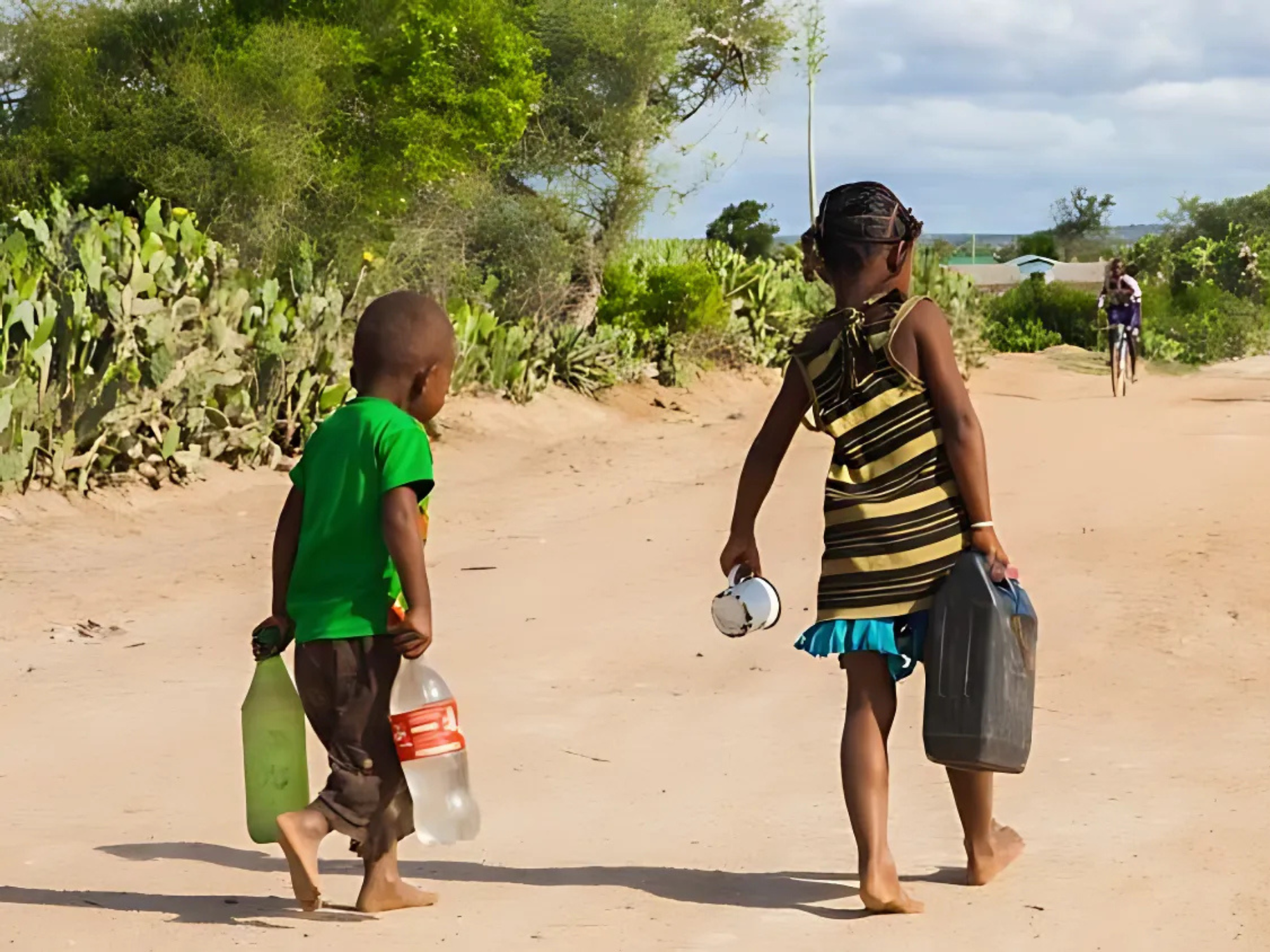 Two children in Sub-Saharan Africa carry basic utilities. 

Image Source: Vatican News 