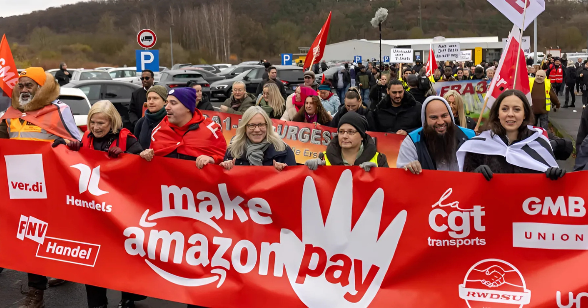 Amazon workers from Germany joined colleagues from the U.S., Sweden, the U.K., and Italy seen in an international protest on Black Friday, November 29, 2024. 

Image Source: Christian Lademann via Getty Images