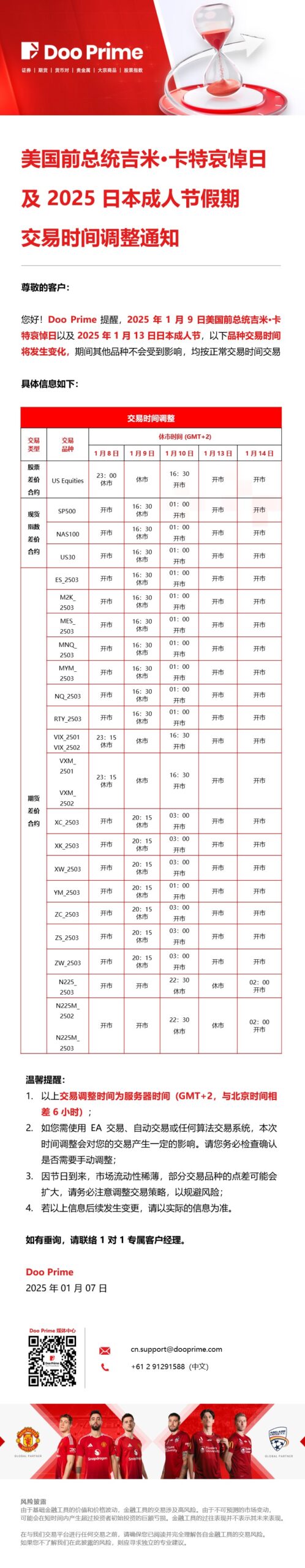 美国前总统吉米·卡特哀悼日及 2025 日本成人节假期交易时间调整通知​​