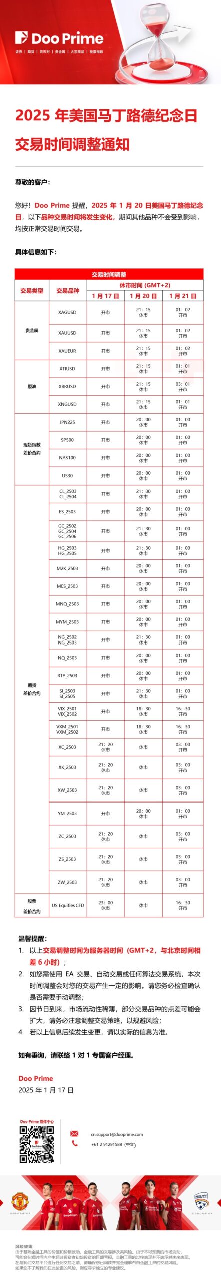 2025 年美国马丁路德纪念日​交易时间调整通知