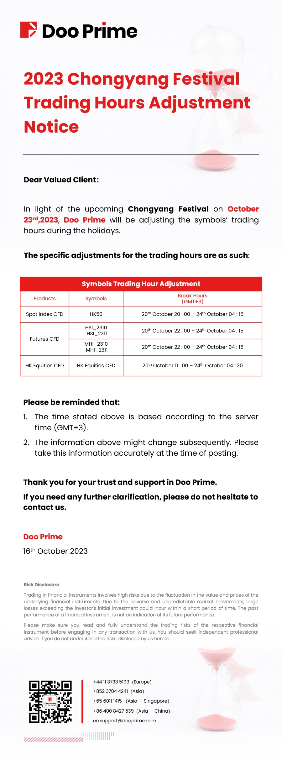 2023 Chongyang Festival - Trading Hours Adjustment
